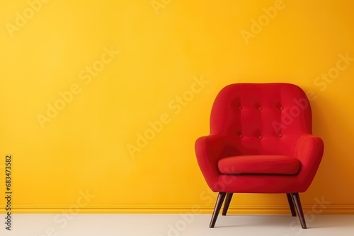Red Armchair On Yellow Background, Space For Text