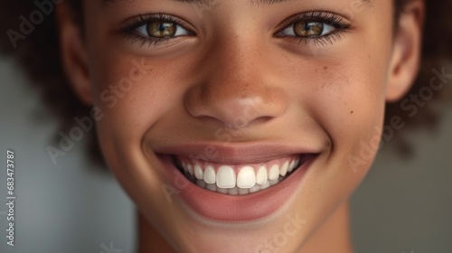 Smiling girl showcasing perfect white teeth in studio lighting.