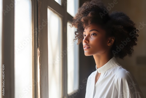 Pensive woman with natural hair by the window, evoking themes of introspection and modern lifestyle.