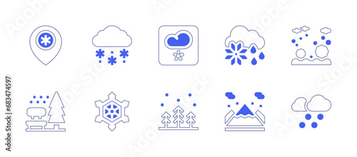 Snow icon set. Duotone style line stroke and bold. Vector illustration. Containing snow, forest, location, bench, freezing rain, mountain.