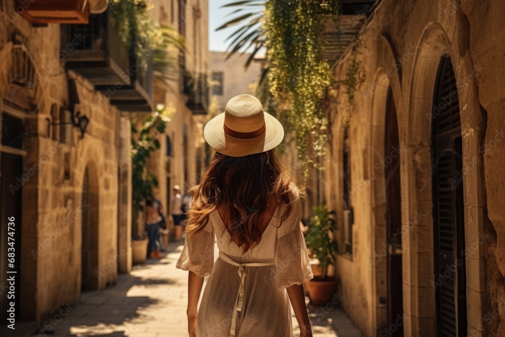 A woman wearing a white dress and hat walking down a narrow street. This image can be used to depict a peaceful stroll in a charming city