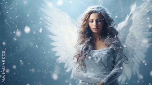  a woman in a white dress with angel wings on a snowy day with snow flakes on the ground and snow flakes on the ground.