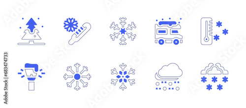 Snow icon set. Duotone style line stroke and bold. Vector illustration. Containing cold, snowflake, thermometer, snowfall, pine tree, streetlight, hail, van.