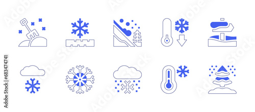 Snow icon set. Duotone style line stroke and bold. Vector illustration. Containing shovel, snow proof, snow, snowflake, avalanche, decrease, cold, pine, signpost, cloud.