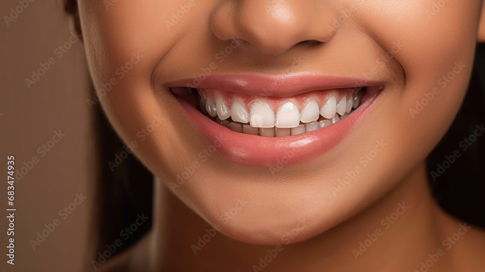 The clear beige studio background enhances the joy in a young woman's smiling face. The clear beige studio background enhances the joy in a young woman's smiling face.