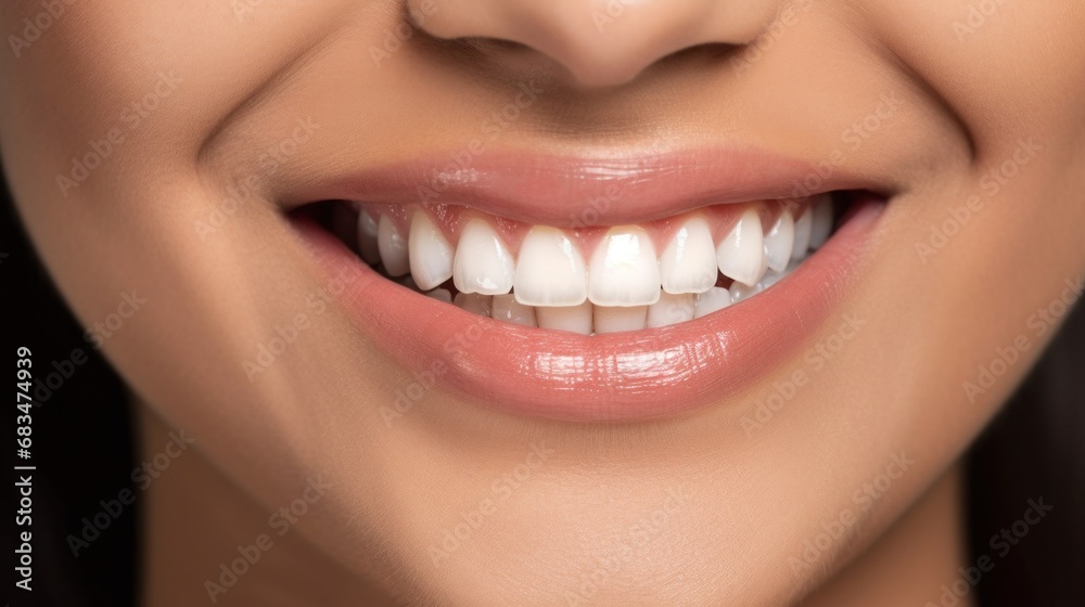 Fototapeta premium A happy young woman with a radiant smile stands against a beige studio backdrop, showcasing flawless white teeth.