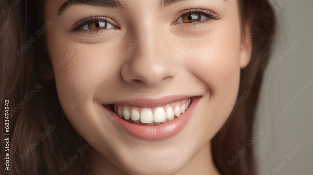 Joyful and smiling, a young woman stands in a studio against a light beige background, revealing perfect teeth. Joyful and smiling, a young woman stands in a studio against a light beige background, revealing perfect teeth.