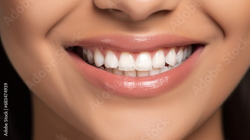 A happy young woman with a radiant smile stands against a beige studio backdrop  showcasing flawless white teeth.