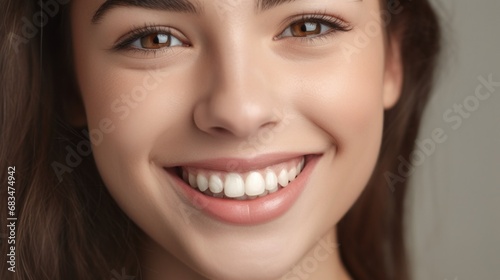 Joyful and smiling  a young woman stands in a studio against a light beige background  revealing perfect teeth.