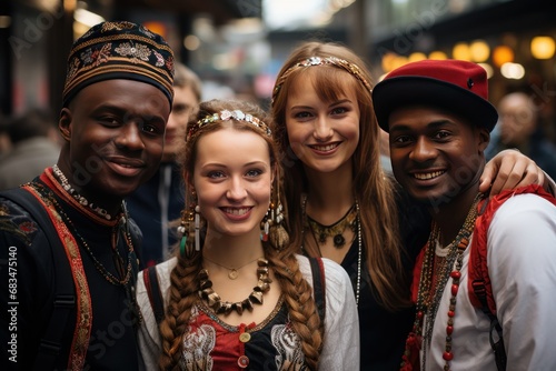 Group of friends in cultural festival attire, perfect for event promotion and cultural diversity representation.