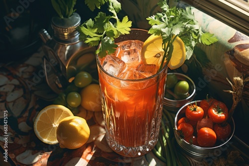 A classic Bloody Mary cocktail, fully garnished and served in a tall glass, set in a cozy bar atmosphere.
