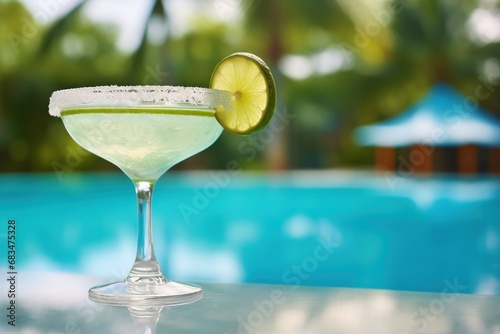 A classic margarita with a salted rim and lime garnish, presented poolside for a refreshing tropical escape.