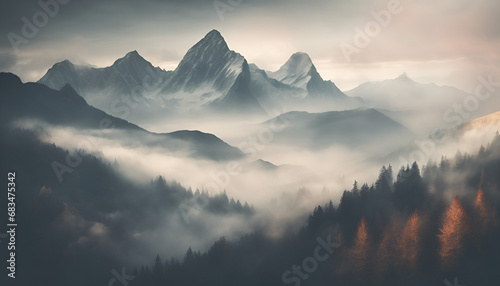 A breathtaking view of mist rolling over majestic mountain peaks, creating a dreamlike and atmospheric image perfect for various nature-inspired projects