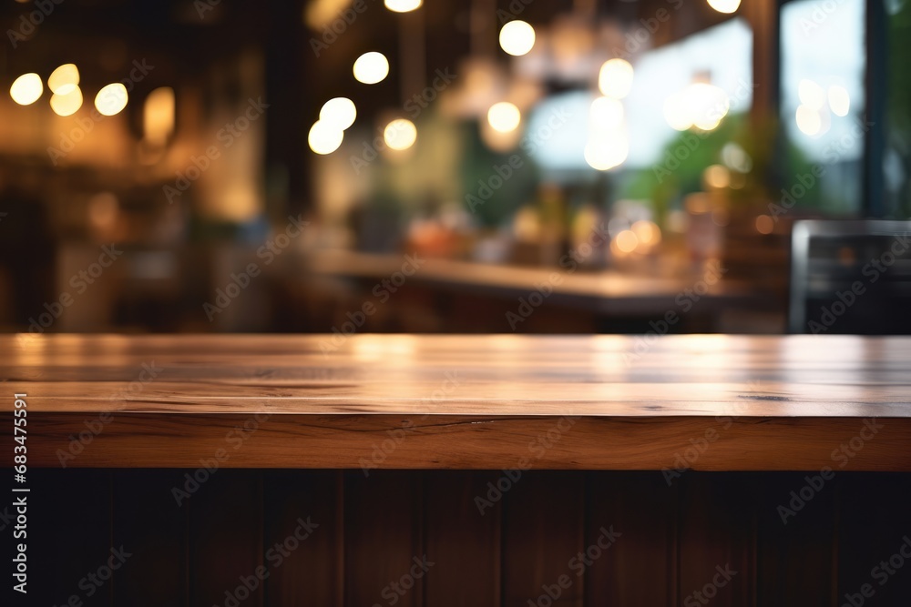 Wooden Table In Bar With Blurred Background, Ideal For Display