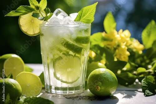 refreshing mojito cocktail adorned with fresh mint leaves, ready to be enjoyed in a serene garden setting.