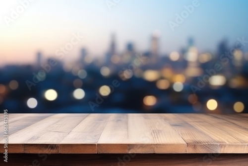 Wooden Table Top On Blur City Background Use For Display Or Montage Highquality Photo