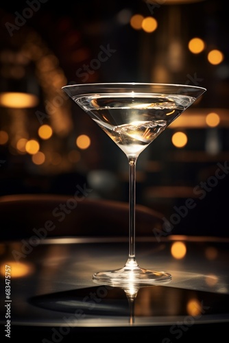 Elegant martini in a classic glass, lemon twist garnish, poised on a dark, moody bar with ambient lighting. © StockWorld