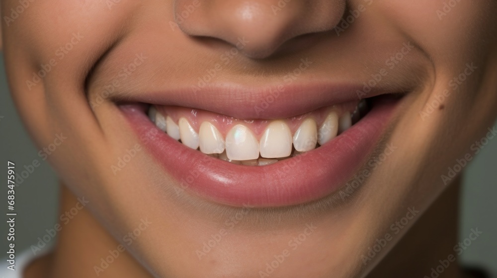 Against a light beige setting, a joyful young woman's smile lights up the portrait. Against a light beige setting, a joyful young woman's smile lights up the portrait.