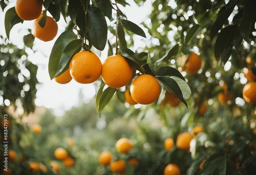 Details of an Orange Garden in Spain with Fresh Ripe Oranges Hanging on Trees, Bathed in Sunlight
