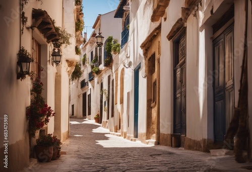 Picturesque Narrow Street in a Spanish Old Town with Typical Traditional Whitewashed Houses