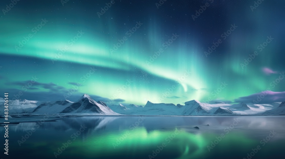  a green and purple aurora bore over a lake and snow covered mountains in the foreground, with the moon in the distance.