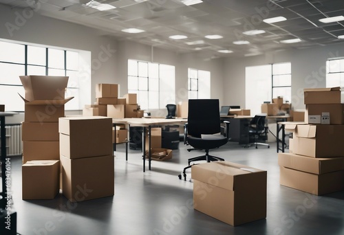 Stack of cardboard boxes with stuff and office chair in empty office room Moving to new office relocation © FrameFinesse