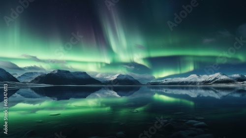  the aurora bore is reflected in the still water of a lake with mountains and snow capped mountains in the background.
