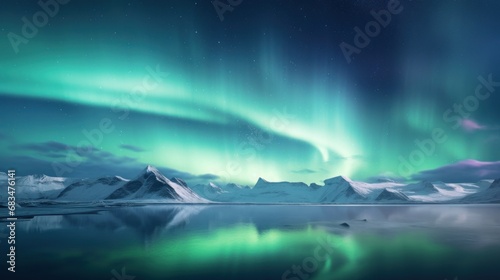  a green and purple aurora bore over a lake and snow covered mountains in the foreground, with the moon in the distance.