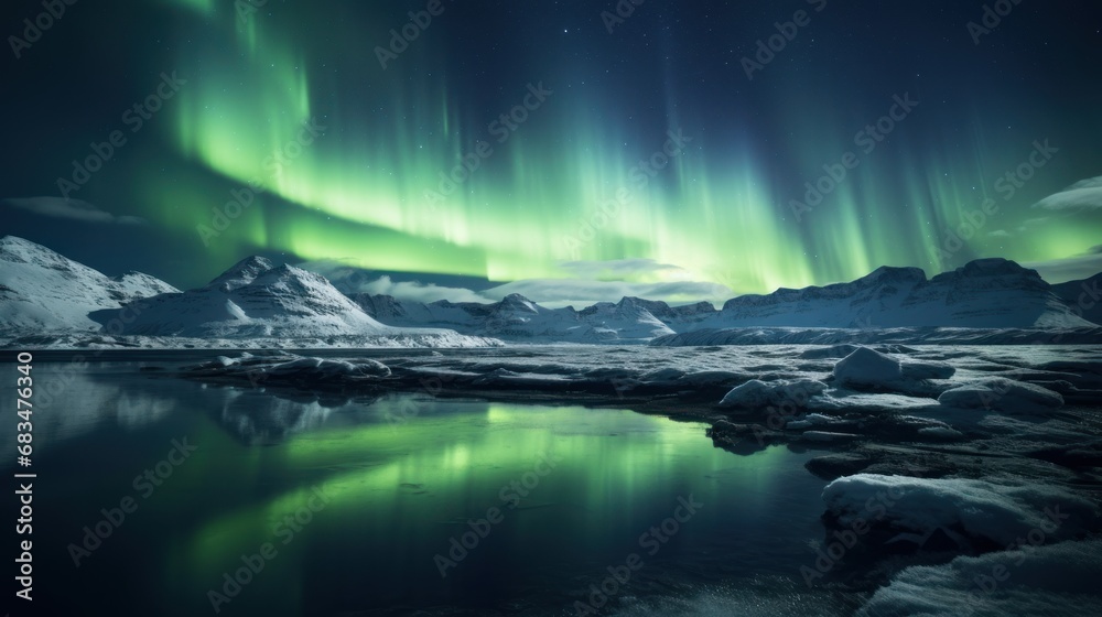  a green and purple aurora bore over a body of water with icebergs in the foreground and snow covered mountains in the background.