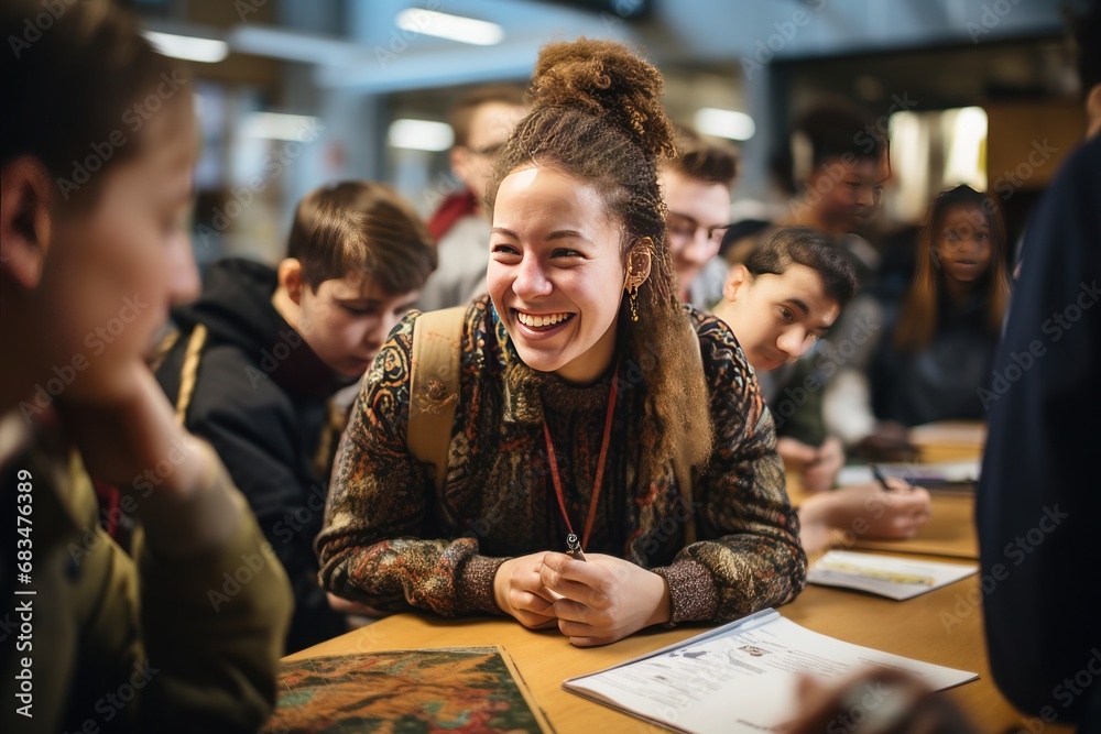 Joyful student interacting in a lively classroom environment, suitable