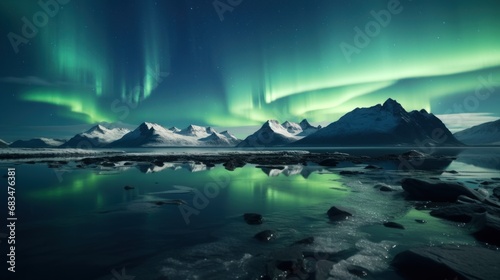  the aurora bore is reflected in the still water of a lake in front of a mountain range with snow capped mountains in the background.