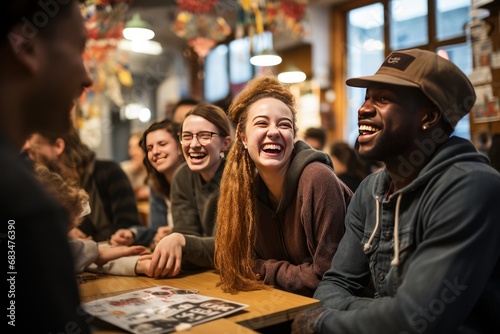 Group of diverse friends laughing together at a cafe, perfect for social gathering and lifestyle themes.