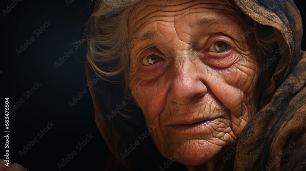 An old woman in tunic looking at viewer