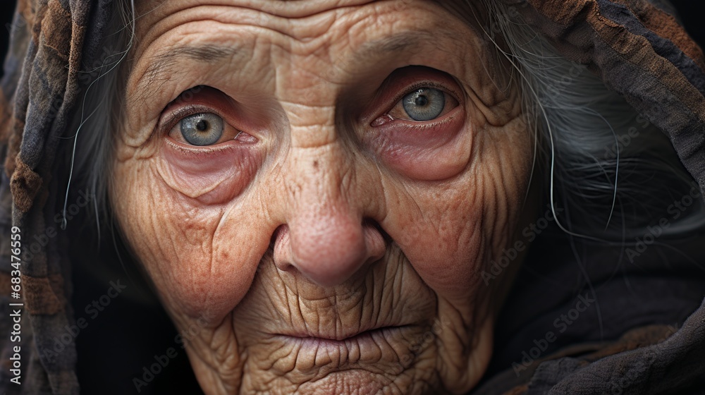 An old woman in tunic looking at viewer An old woman in tunic looking at viewer