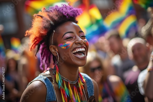Joyful individual at a pride event with colorful hair, perfect for LGBTQ+ themes and diversity celebrations.