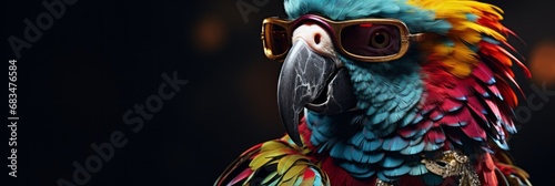 Fashionable bright parrot with glasses, high fashion, fashion magazine cover, banner
