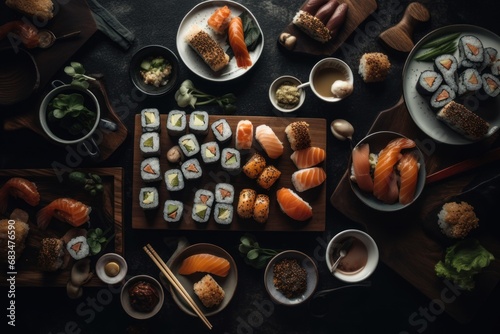 Table full of assortment different types of sushi rolls and seafood. Ready for Asian Japanese food party. 