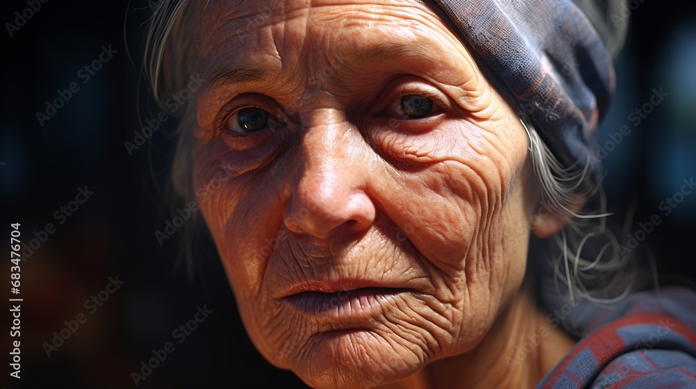 An old woman in tunic looking at viewer An old woman in tunic looking at viewer