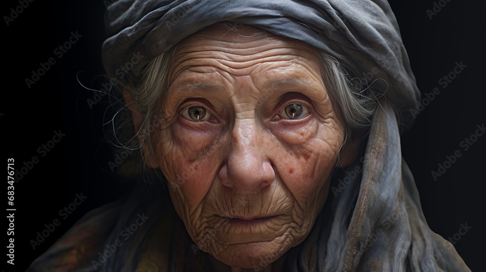 An old woman in tunic looking at viewer An old woman in tunic looking at viewer