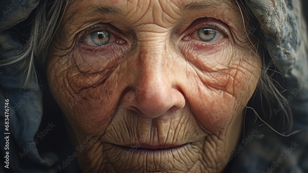 An old woman in tunic looking at viewer