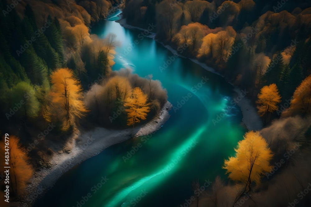 Illustrate a mesmerizing scene of a river that seemingly flows endlessly