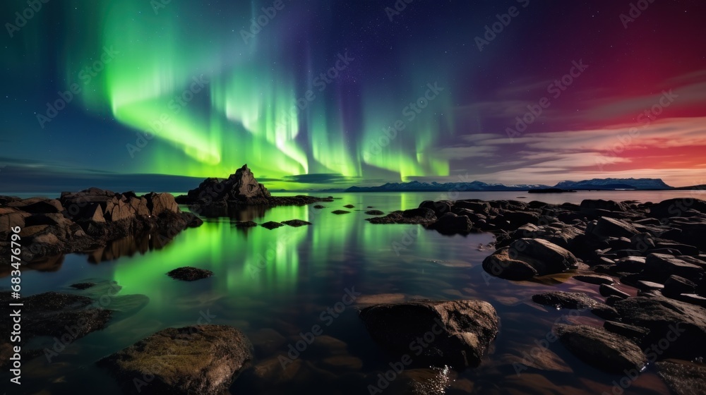  a green and purple aurora bore over a body of water with rocks in the foreground and mountains in the background.