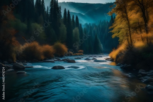 Illustrate a mesmerizing scene of a river that seemingly flows endlessly