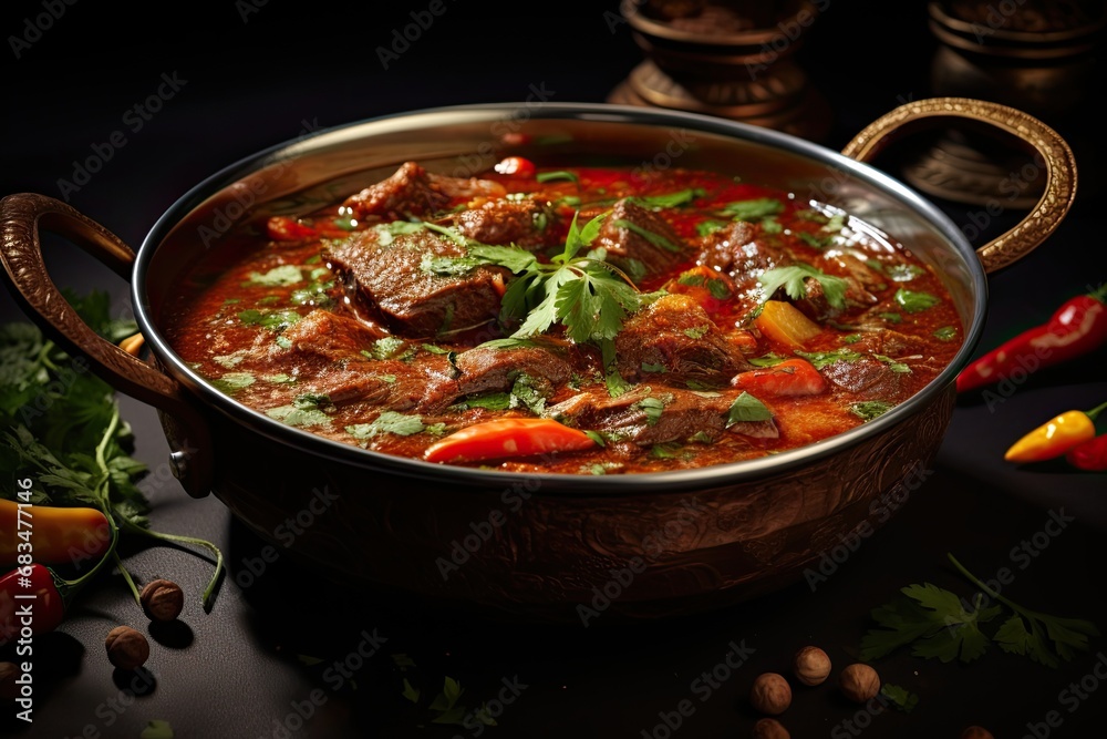 Beef curry Kadai nihari Pakistani-Indian cuisine served in a metal bowl