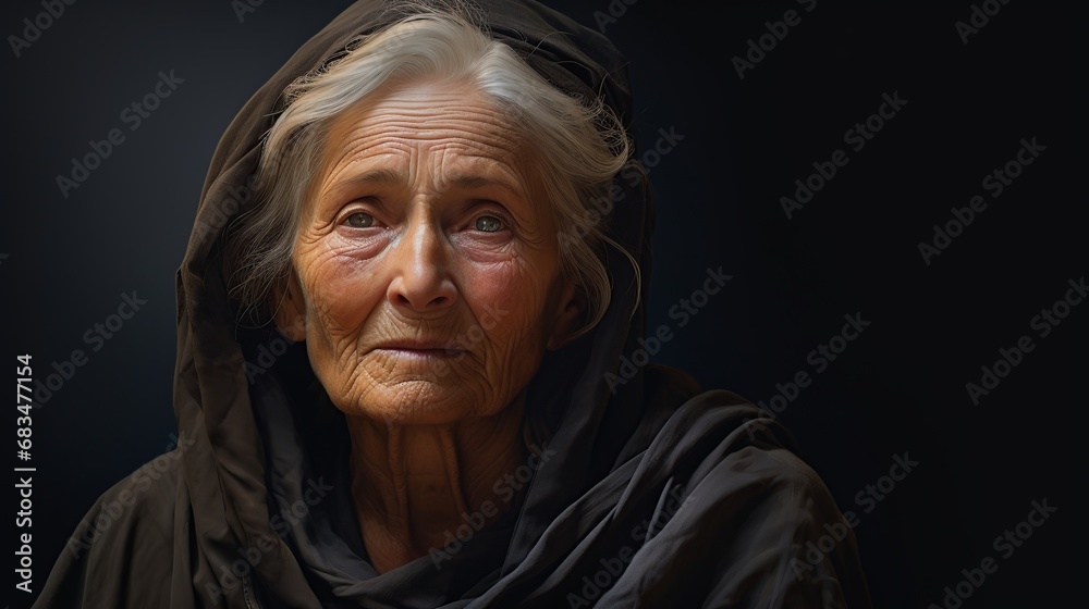 An old woman in tunic looking at viewer