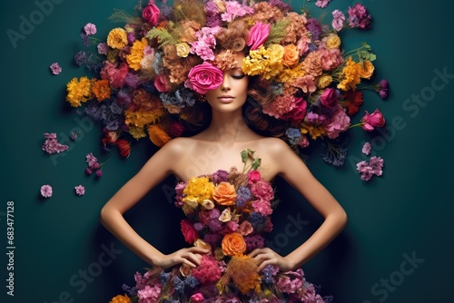 woman with flowers art. dress made of flower © KirKam