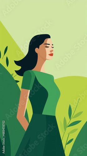 Beautiful Animated Woman Backdrop with Empty Copy Space for Text - Woman standing against Green Background - Flat Vector Girl Graphics Illustration Wallpaper created with Generative AI Technology