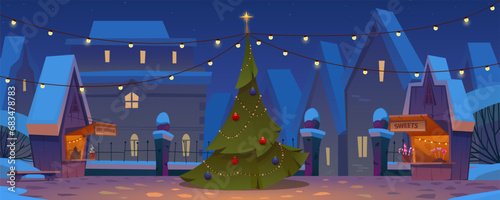 City park on Christmas Eve. Christmas tree decorated with garlands, winter evening, Christmas market with hot drinks and sweets. Empty winter park, silhouettes of houses. Vector cartoon illustration
