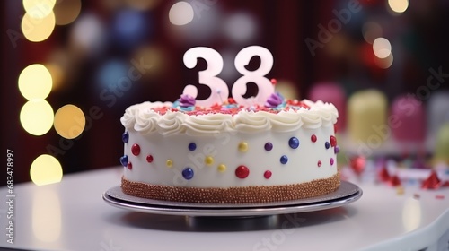 a birthday cake with white frosting and colorful sprinkles with the number 38 on top of it.