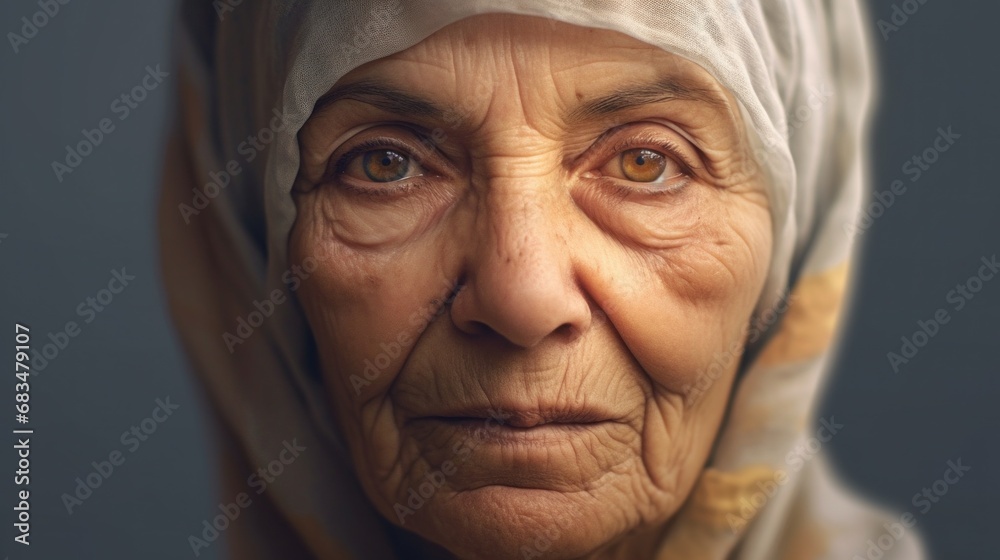 Close shot of an elderly woman expressing deep sadness in a studio setting. Close shot of an elderly woman expressing deep sadness in a studio setting.